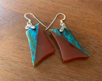 Chrysocolla and red agate intarsia earrings