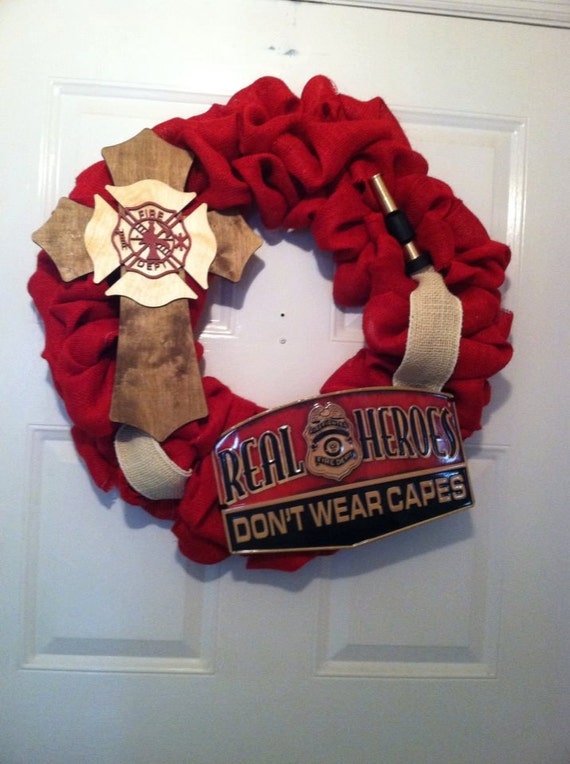 Firefighter Gifts - Firemen Gifts - Firemen Burlap Wreath - Firehouse Gifts - Firehouse Decor - Firemen Decor - Heroes Wreath - Door Decor