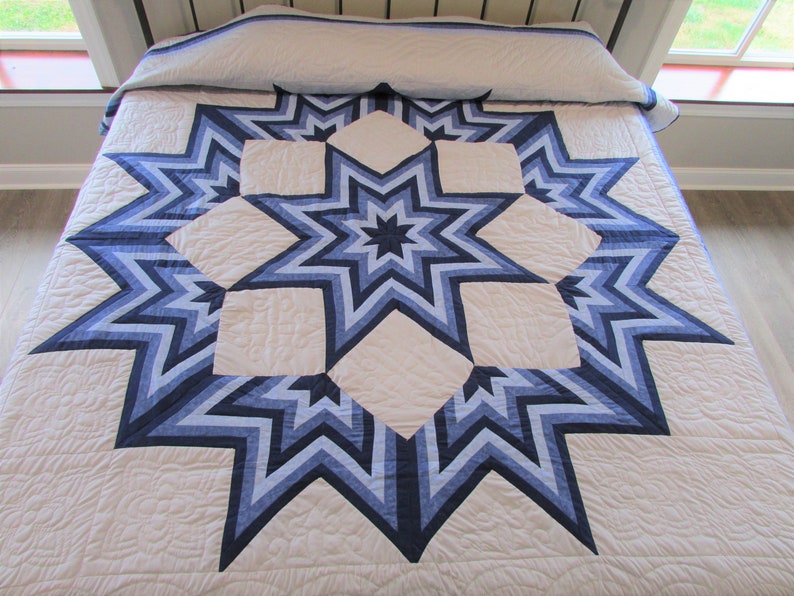 Log Cabin Broken Star Amish Quilt Blue and White Quilt Etsy