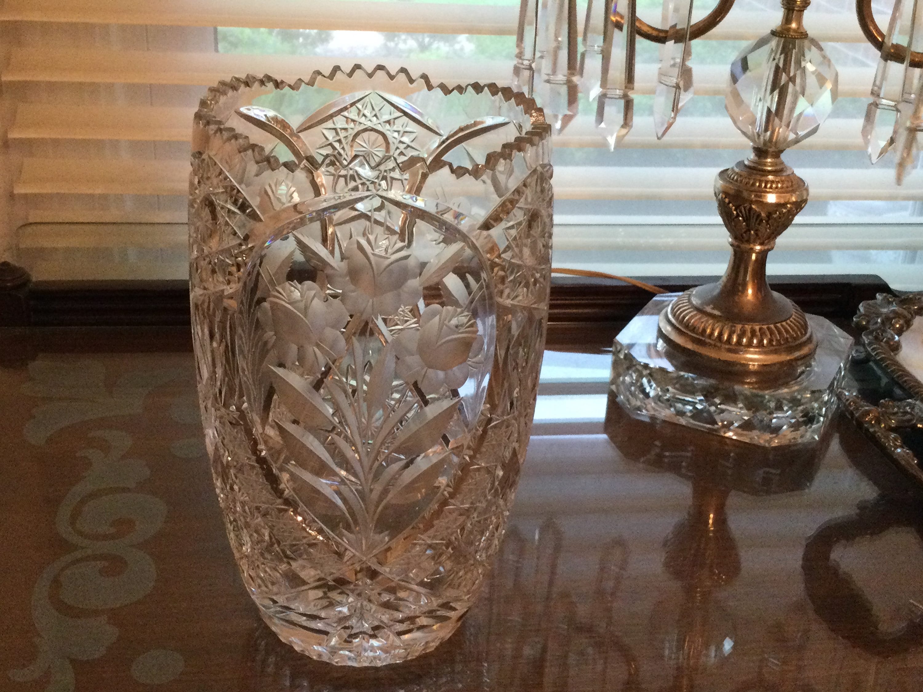 Bohemian Czech Hand Cut Crystal Vase With Engraved Frosted Flowers and