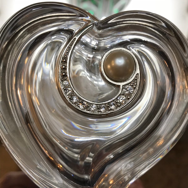 Lenox Crystal heart shaped jewerly trinket box,silver trim, pearls and rhinestones cover. Made in Germany signed Lenox.
