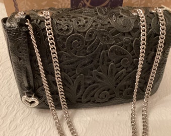 Brighton Leather Black Purse, New in original box, never worn, soft Lacey leather black over lay, single or double silver chain handle.