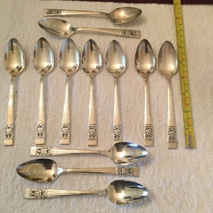 May include: A collection of silver spoons with ornate floral designs on the handles. The spoons are arranged on a white surface, with a measuring tape providing scale. The spoons are approximately 7 inches long.