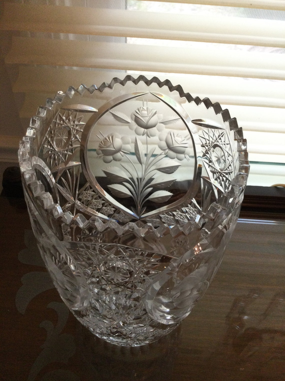 Bohemian Czech Hand Cut Crystal Vase With Engraved Frosted Flowers and