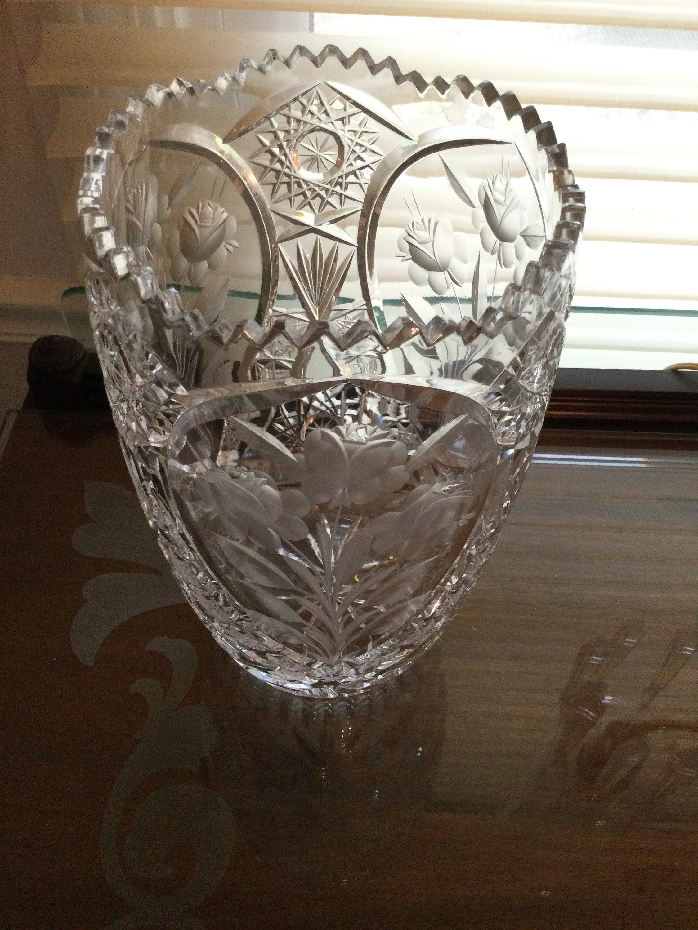 Bohemian Czech Hand Cut Crystal Vase With Engraved Frosted Flowers and