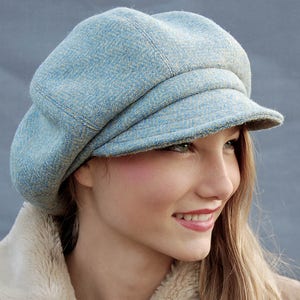 Handmade Harris Tweed Baker Boy Cap in Pale Blue Herringbone by