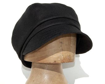 Handmade French linen newsboy cap in black
