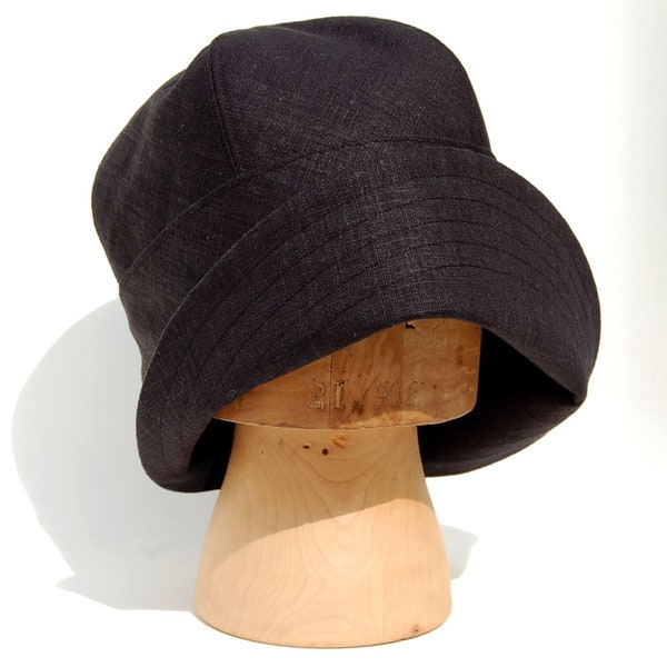Chapeau cloche en lin noir fait à la main, chapeau de soleil pour femmes, chapeaux cloche des années 1920, chapeau à clapet Français, vêtements en lin pour femmes, chapeau de soleil, cadeau pour maman