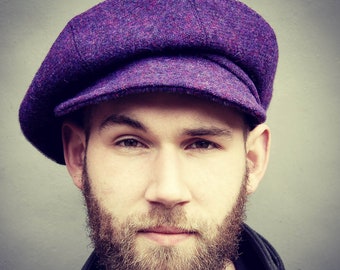 Handmade Purple Harris Tweed Newsboy Cap: Scottish Tam O Shanter Style