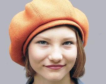 Handmade orange wool beret, Harris tweed tam by ZUThats