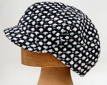 Handmade newsboy cap with no hat band in black and white cotton tweed, by ZUThats