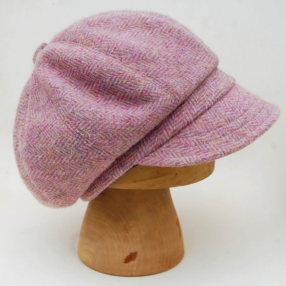 Handmade Harris Tweed Baker Boy Cap in Pale Pink Herringbone by