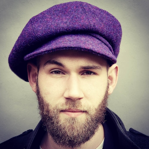 Plaid Wool Newsboy Cap in Purple and Gray with Yellow Accents Custom Handmade Plaid Cotton Seersucker Flat Jeff Cap for  main image 4