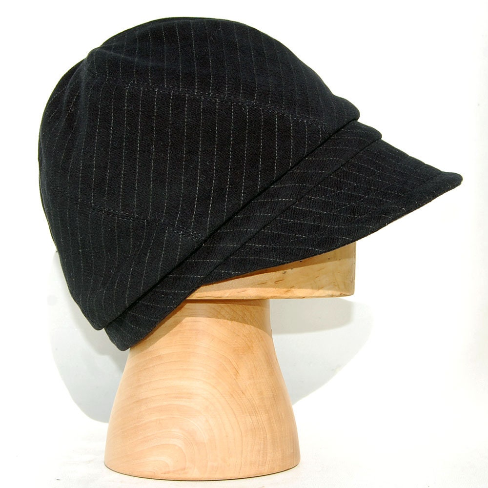 Stylish Navy Pinstripe Gabetdine French Velvet Cap - Handmade in France! Pinstripe Gaberdine Newsboy Cap: Italian Velvet French Cap  main image 2