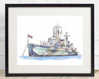 HMS Belfast Royal Navy WW2 Battleship Art Print - Illustrated Hand Drawn Watercolour Painting