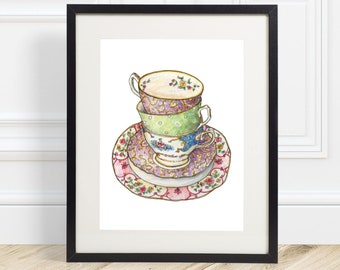Vintage Pattern Floral Tea Cup Set - Illustrated Watercolour Hand Drawn Art Painting