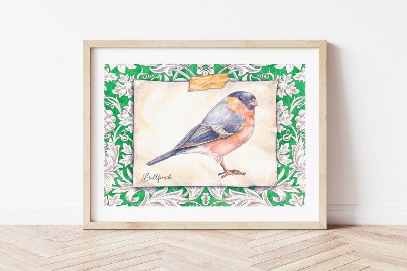 Eurasian Bullfinch Bird Print & William Morris Watercolour Illustration British Art image 1