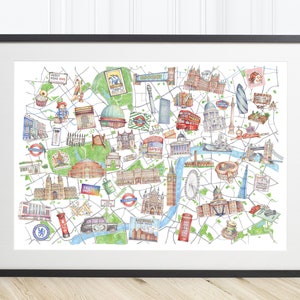 Impression de carte illustrée de Londres - Peinture dessinée à la main à l’aquarelle emblématique du centre de Londres