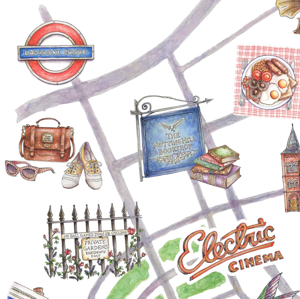 Notting Hill London Map Art Print Illustrated Watercolour - Etsy UK