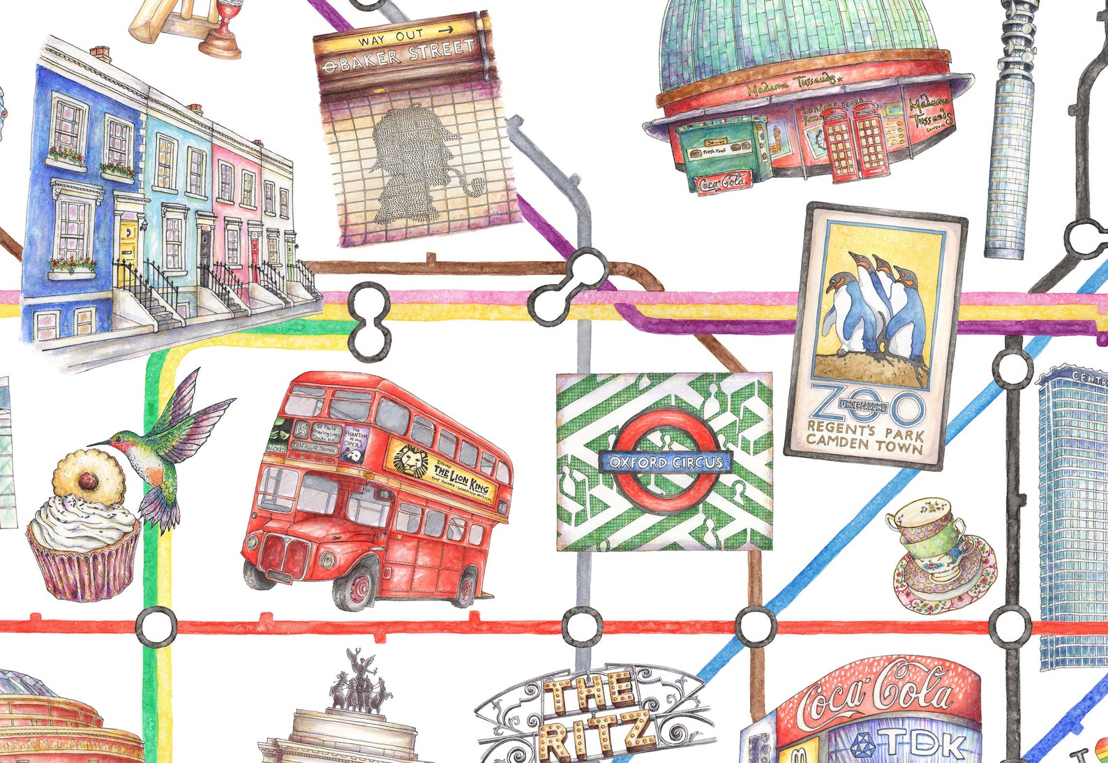 Underground Tube London Map Illustrated London Watercolour Print Etsy