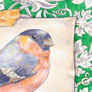 Eurasian Bullfinch Bird Print & William Morris Watercolour Illustration British Art image 3