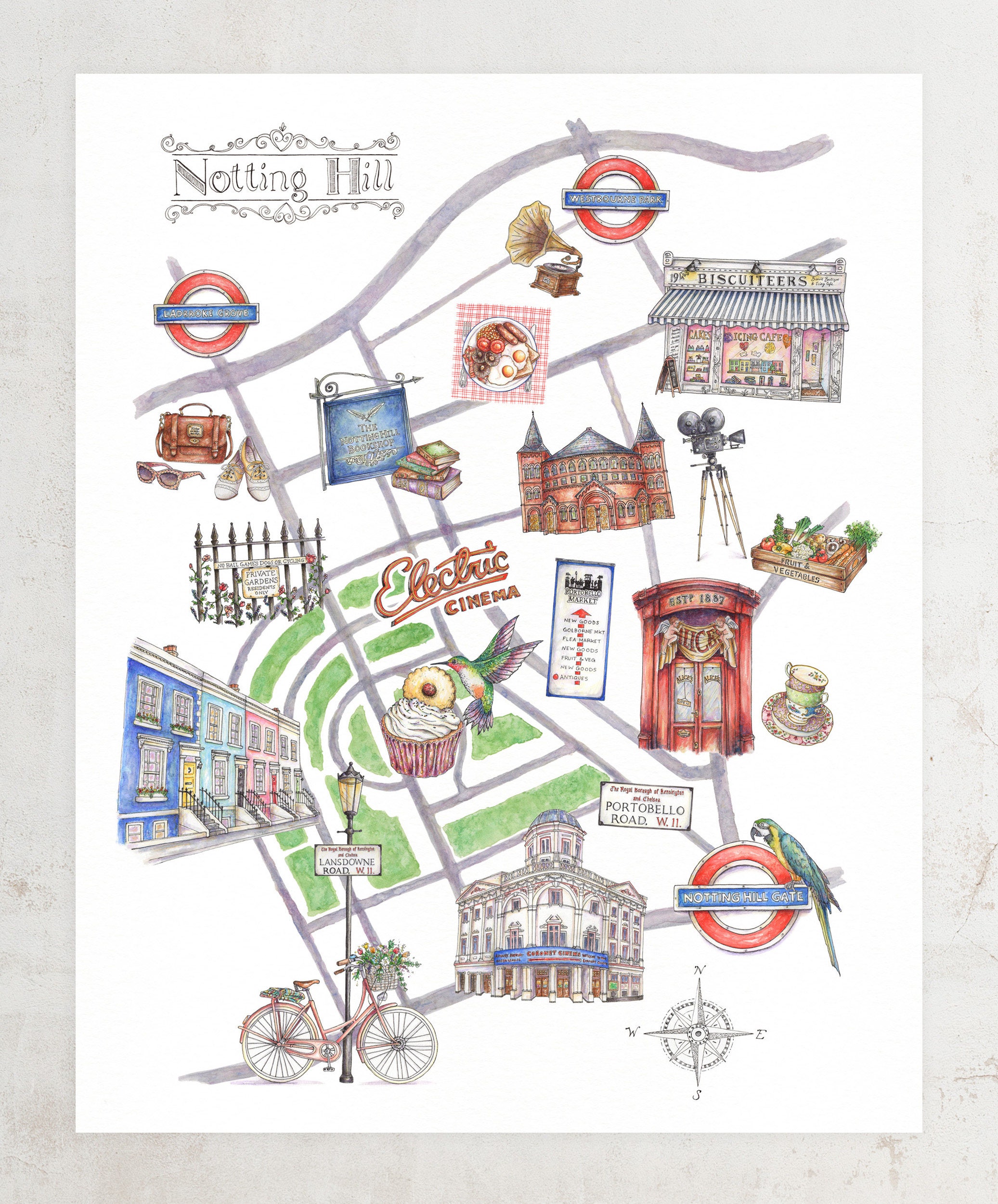 Notting Hill London Map Art Print Illustrated Watercolour Hand Drawn Painting Wall Art Map