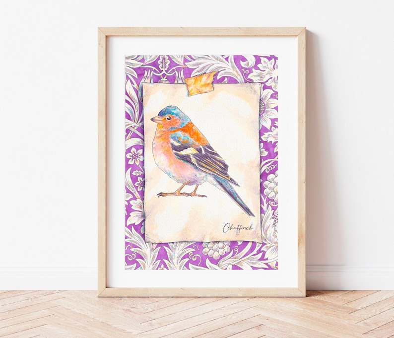 British Bird illustration Art Print. Common Chaffinch Bird. Watercolour paint. Fun William Morris Sunflower background. Natural History drawing.