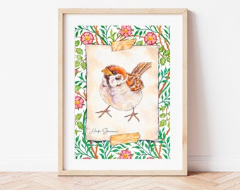 House Sparrow Bird Print - Watercolour Illustration British Art Print