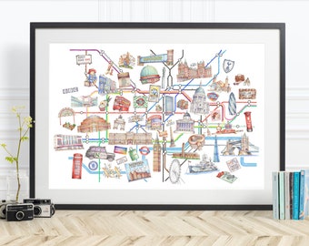 Underground Tube London Map -  Illustrated London Watercolour Print