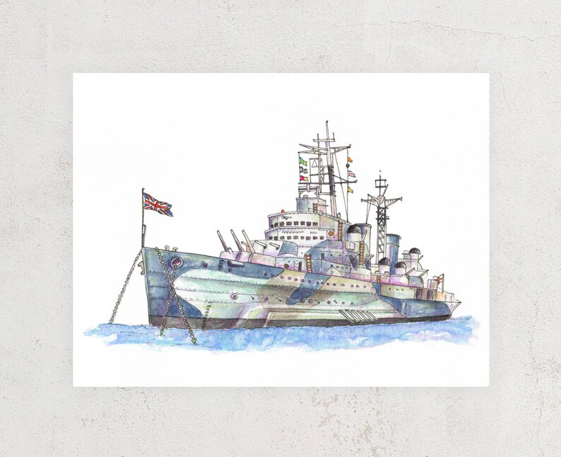 Illustrated Art Print of the Royal Navy HMS Belfast WW2 Etsy
