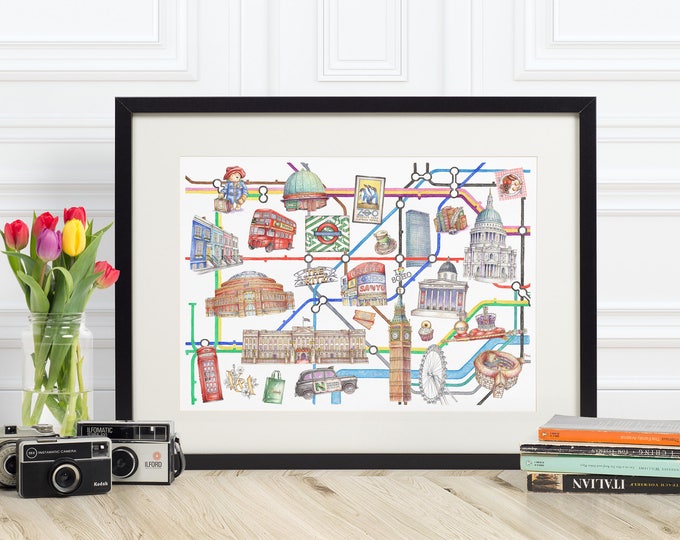 London Underground Tube Map Print - Hand Drawn Watercolour Painting Wall Art