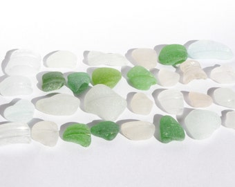 Genuine sea glass bottle necks, 20 pieces. Patterned white and green beach glass for crafts.