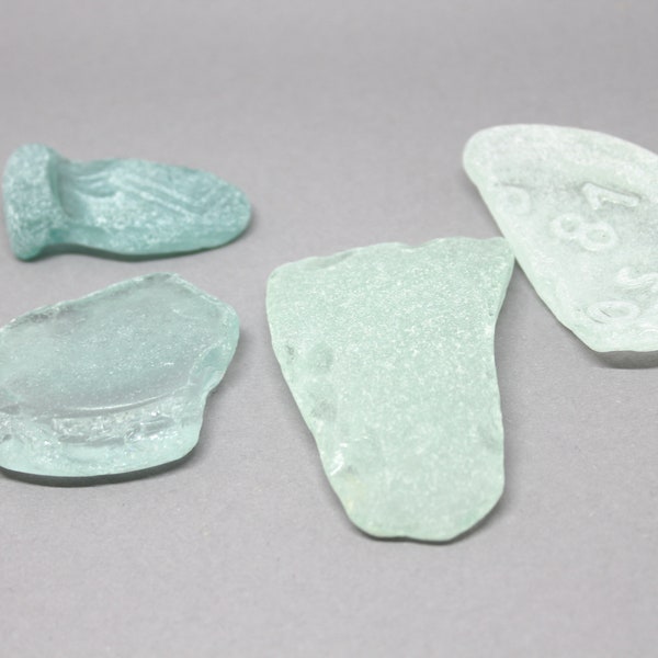 Aqua blue large sea glass for place cards, 4 pieces. Craft quality natural big beach glass for home decor. Surf thumbled mermaid tears.