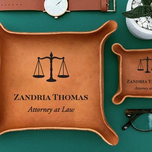 Lawyer Gift / Bar Exam Gift / Gift for Attorney at Law / Scales of Justice / Personalized Leather Catchall Tray / Law School Graduation Gift Brown