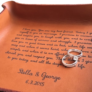Wedding Vows Leather Tray / Third Anniversary Gift / Personalized Catchall / 3rd Anniversary Gift / Engraved with your Vows, Song, Message