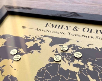 21st Anniversary Gift for Him and Her • Brass Map with Custom Markers • 21st Year Anniversary Gift Idea • Brass Wedding Anniversary Present