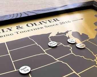 21st Year Anniversary Gift Idea • Brass Map with Custom Memory Markers • 21st Anniversary Gift for Him and Her • Brass Anniversary Present