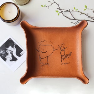 YOUR Kids Drawing or Handwriting / Personalized Christmas Gift for Dad / Heirloom Leather Tray / Meaningful Gifts for Dad image 3