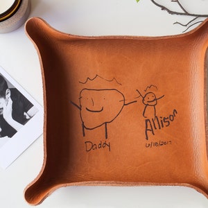 YOUR Kids Drawing or Handwriting / Personalized Father's Day Gift for Dad / Heirloom Leather Tray / Unique Gifts for Men / Meaningful Gifts LARGE - 6”x6.5”