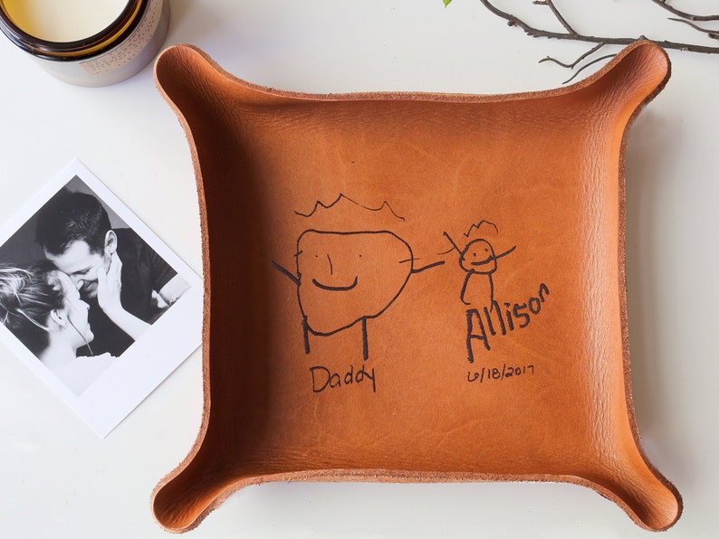  Personalized Heirloom Leather Tray From Kids Drawing Or Handwriting, Best Personalized Fathers Day Gift For Dad, Grandpa