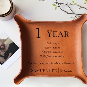 Sobriety Gifts for Him - 1 Year Sober - Recovery Gift Idea - Sobriety Anniversary Gift - Leather Catchall Tray with Countdown - Personalized image 1