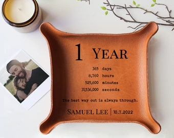 Sobriety Gifts for Him - 1 Year Sober - Recovery Gift Idea - Sobriety Anniversary Gift - Leather Catchall Tray with Countdown - Personalized