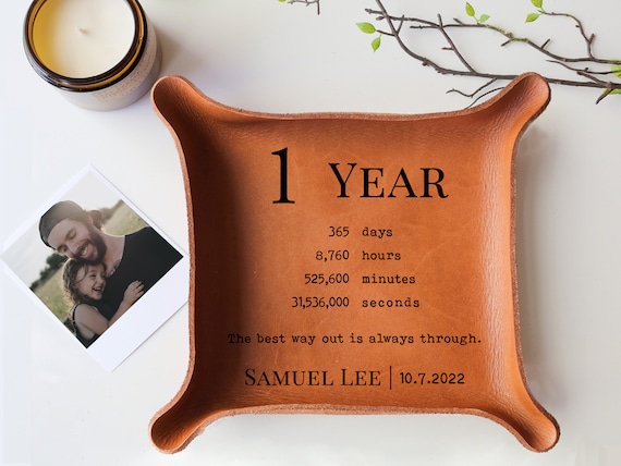 Sobriety Gifts for Him - 1 Year Sober - Recovery Gift Idea - Sobriety Anniversary Gift - Leather Catchall Tray with Countdown - Personalized