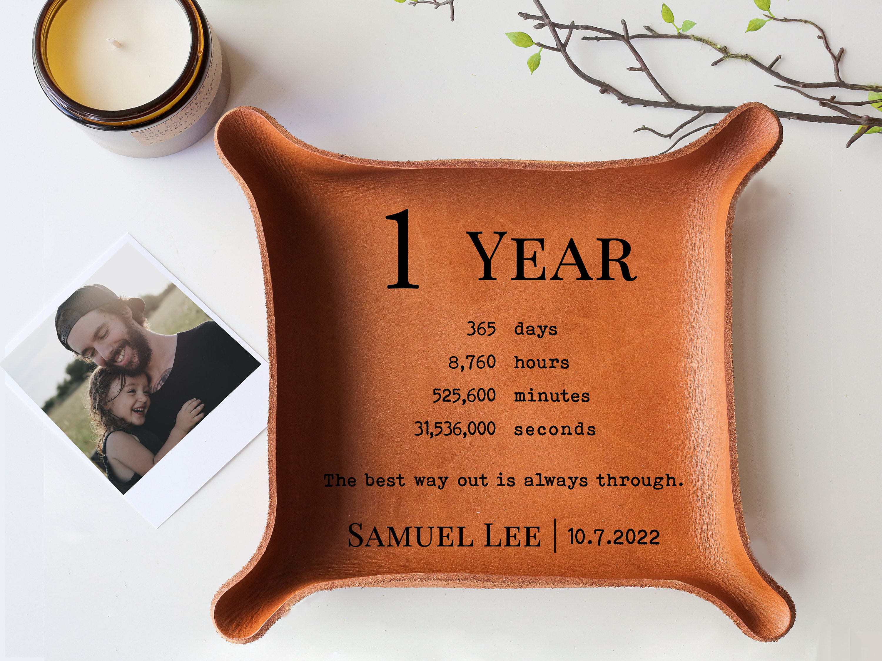 Sobriety Gifts for Him - 1 Year Sober - Recovery Gift Idea - Sobriety Anniversary Gift - Leather Catchall Tray with Countdown - Personalized