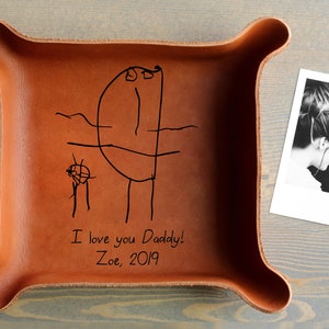 YOUR Kids Drawing or Handwriting / Personalized Christmas Gift for Dad / Heirloom Leather Tray / Meaningful Gifts for Dad LARGE - 6”x6.5”