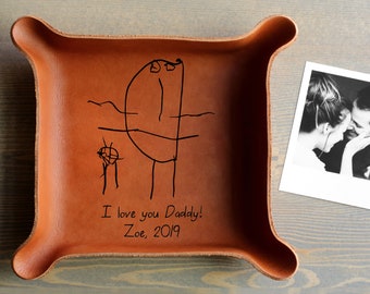 YOUR Kids Drawing or Handwriting / Personalized Christmas Gift for Dad / Heirloom Leather Tray / Meaningful Gifts for Dad