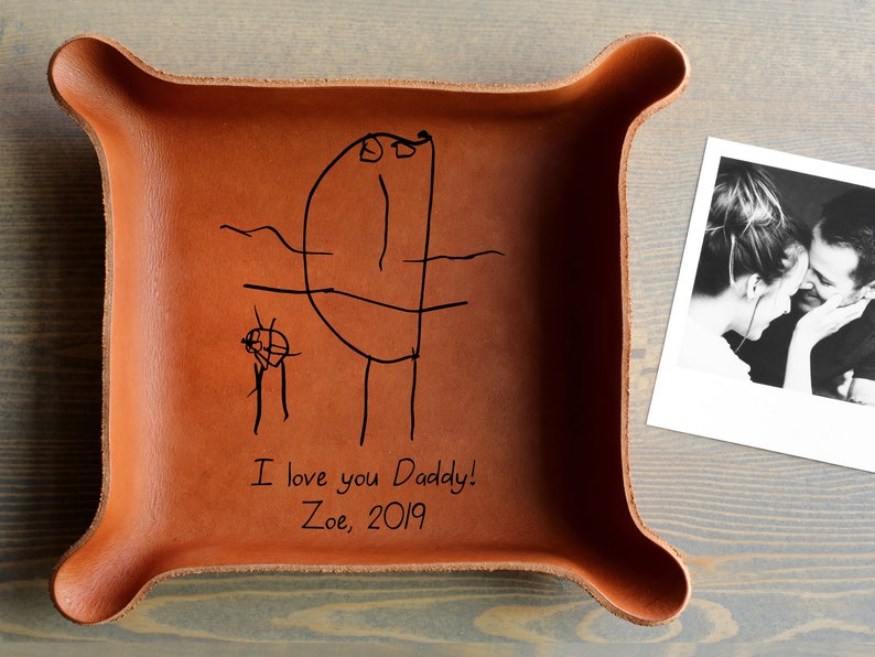 YOUR Kids Drawing or Handwriting / Personalized Christmas Gift for Dad / Heirloom Leather Tray / Meaningful Gifts for Dad LARGE - 6”x6.5”