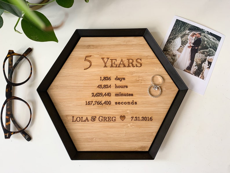 5 Years Wood Anniversary Gift Custom Wood Bamboo Tray 5th Anniversary Gift Idea Engraved wood catchall tray image 2