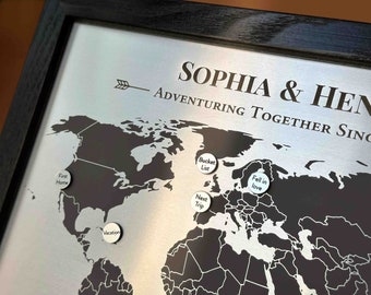 25 Year Anniversary Gift Idea • Silver Map with Custom Memory Markers • 25th Anniversary Gift for Him and Her • Silver Anniversary Present