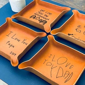 YOUR Kids Drawing or Handwriting / Personalized Christmas Gift for Dad / Heirloom Leather Tray / Meaningful Gifts for Dad image 2